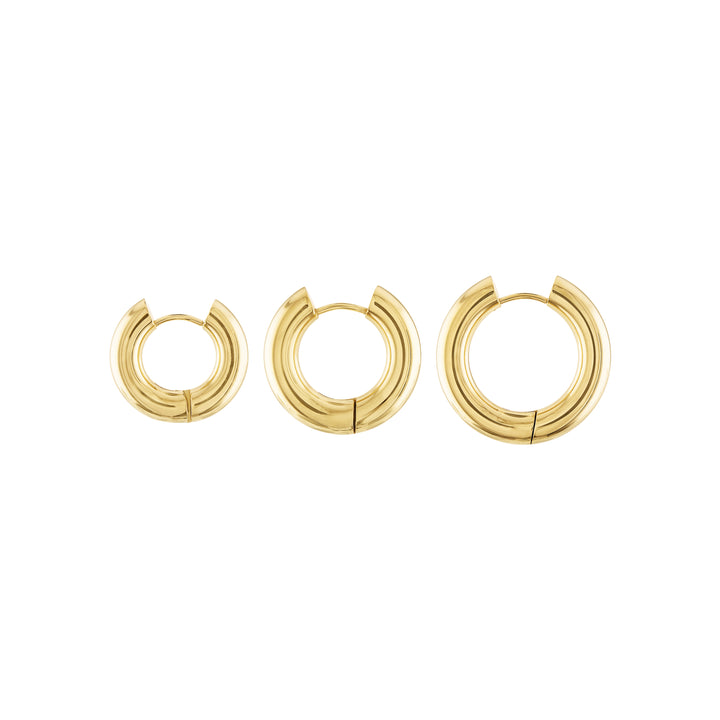 Olivia Le Petra Golden Huggies “earrings” side shot of small, medium, and large size