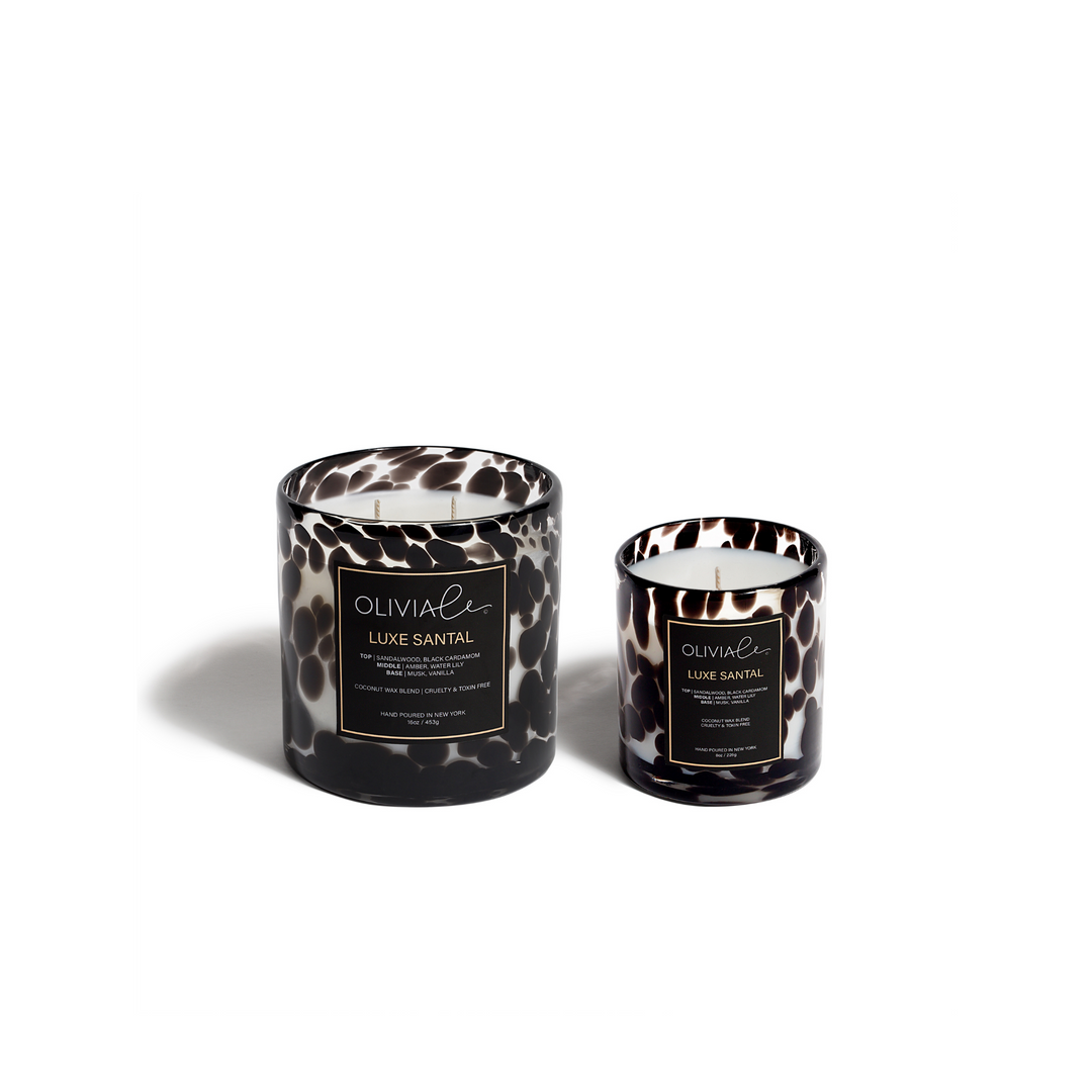 Black leopard pattern glass vessel clean luxury candles shown as a gift set in small and large sizes as a duo