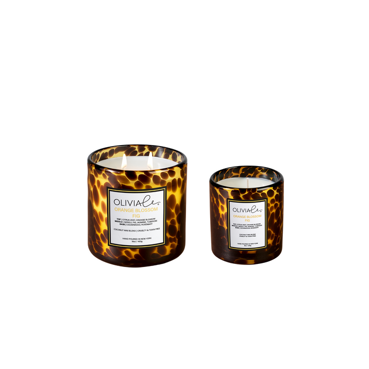 tortoise brown pattern glass vessel clean luxury candles shown as a gift set in small and large sizes as a duo 