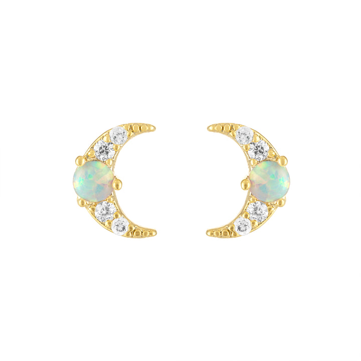 OLIVIA LE SKY OPAL STUD EARRINGS SHOWN AS A MOON CRESCENT SHAPE WITH PAVE STONES AND A SMALL OPAL STONE IN THE MIDDLE